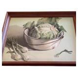 Pair of Decorative Kitchen Framed Wall Hangings with Asparagus, Cauliflower and Onions