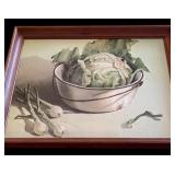 Pair of Decorative Kitchen Framed Wall Hangings with Asparagus, Cauliflower and Onions