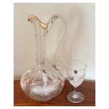 Antique Glass Mary Gregory Pitcher and Stemmed Glass