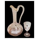 Antique Glass Mary Gregory Pitcher and Stemmed Glass