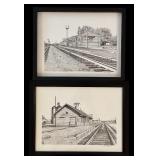 Pair of Vintage Black and White Framed Original Drawings by John Cartright of Brown