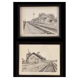 Pair of Vintage Black and White Framed Original Drawings by John Cartright of Brown