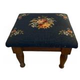 Small Vintage Wooden Step Stool with Embroidered Top