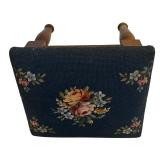 Small Vintage Wooden Step Stool with Embroidered Top