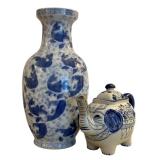 Vintage Blue and White Chinese Vase and Blue and White Elephant Shaped Tea Kettle