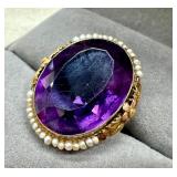 Antique 14k Gold Amethyst and Seed Pearl Ring