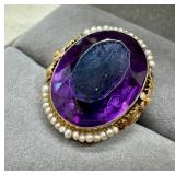 Antique 14k Gold Amethyst and Seed Pearl Ring