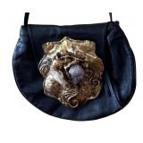 Vintage Copa Collection Brutalist Style Amethyst and Brass Embellished Black Leather Cross Body Handbag