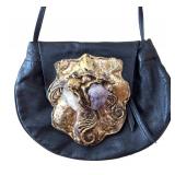 Vintage Copa Collection Brutalist Style Amethyst and Brass Embellished Black Leather Cross Body Handbag