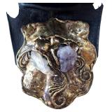 Vintage Copa Collection Brutalist Style Amethyst and Brass Embellished Black Leather Cross Body Handbag