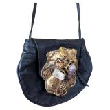 Vintage Copa Collection Brutalist Style Amethyst and Brass Embellished Black Leather Cross Body Handbag