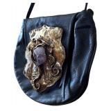 Vintage Copa Collection Brutalist Style Amethyst and Brass Embellished Black Leather Cross Body Handbag