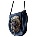 Vintage Copa Collection Brutalist Style Amethyst and Brass Embellished Black Leather Cross Body Handbag