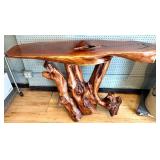 Live Edge Carved Wood Console Table with Natural Root Base