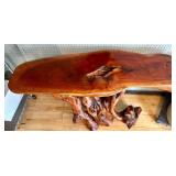 Live Edge Carved Wood Console Table with Natural Root Base