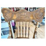 Pair of Carved Oak Griffin Armchairs with Detailed Crest Backs