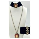 Vintage Cameo Necklace, Velvet Choker, and Oriental Motif Bracelet Set