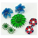 Set of 6 Vintage Enameled Flower Brooches and Clip-On Earrings