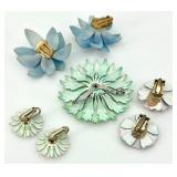 Set of 6 Vintage Enameled Flower Brooches and Clip-On Earrings