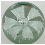 Handcrafted Clear Glass Paperweight with White Flower Design