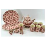 Red Toile Pattern Porcelain Tea Set with Teapot, Cups, Plates and Accessories