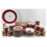 Porsgrund Norway 55-Piece Porcelain Dinnerware Set with Red and Gold Trim