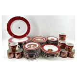 Porsgrund Norway 55-Piece Porcelain Dinnerware Set with Red and Gold Trim