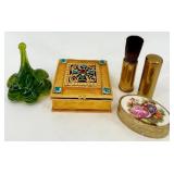 Collection of Vintage Vanity Items Including Enamel Box, Perfume Bottle, Gold-Tone Boxes, and Retractable Brush