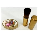 Collection of Vintage Vanity Items Including Enamel Box, Perfume Bottle, Gold-Tone Boxes, and Retractable Brush