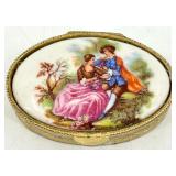 Collection of Vintage Vanity Items Including Enamel Box, Perfume Bottle, Gold-Tone Boxes, and Retractable Brush