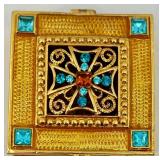 Collection of Vintage Vanity Items Including Enamel Box, Perfume Bottle, Gold-Tone Boxes, and Retractable Brush