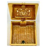 Collection of Vintage Vanity Items Including Enamel Box, Perfume Bottle, Gold-Tone Boxes, and Retractable Brush