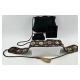 Vintage Black Beaded Evening Purse, Coin Purse, Wallet, and Embroidered Belt Set