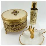 Vintage Vanity Set with Ornate Gold Jewelry Box, Porcelain Hand Dish, and Perfume Atomizer