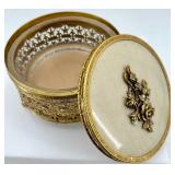 Vintage Vanity Set with Ornate Gold Jewelry Box, Porcelain Hand Dish, and Perfume Atomizer