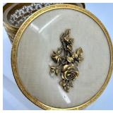 Vintage Vanity Set with Ornate Gold Jewelry Box, Porcelain Hand Dish, and Perfume Atomizer