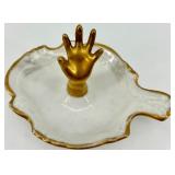 Vintage Vanity Set with Ornate Gold Jewelry Box, Porcelain Hand Dish, and Perfume Atomizer