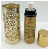 Vintage Vanity Set with Ornate Gold Jewelry Box, Porcelain Hand Dish, and Perfume Atomizer