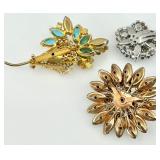 Set of 3 Vintage Rhinestone Floral Brooches
