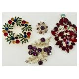 Set of 4 Vintage Costume Brooches with Colored Rhinestones