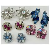 Set of 5 Vintage Clip-On Earrings with Rhinestone and Gem Accents