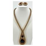 Vintage Gold Tone Necklace and Clip-On Earrings Set with Brown Stones
