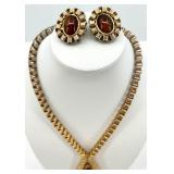 Vintage Gold Tone Necklace and Clip-On Earrings Set with Brown Stones