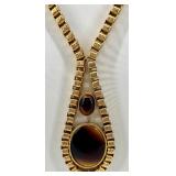 Vintage Gold Tone Necklace and Clip-On Earrings Set with Brown Stones