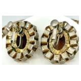 Vintage Gold Tone Necklace and Clip-On Earrings Set with Brown Stones