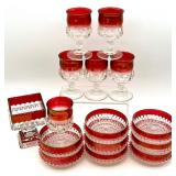 Lot of Clear and Ruby Red Pressed Glass Dessert Bowls, Square Compote and Stemmed Glasses