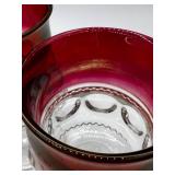 Lot of Clear and Ruby Red Pressed Glass Dessert Bowls, Square Compote and Stemmed Glasses