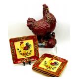 Ceramic Rooster Figurine with Chicks and Set of 4 