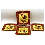 Ceramic Rooster Figurine with Chicks and Set of 4 
