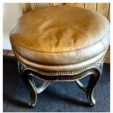 Marge Carson Round Leather Ottoman with Decorative Wood Base